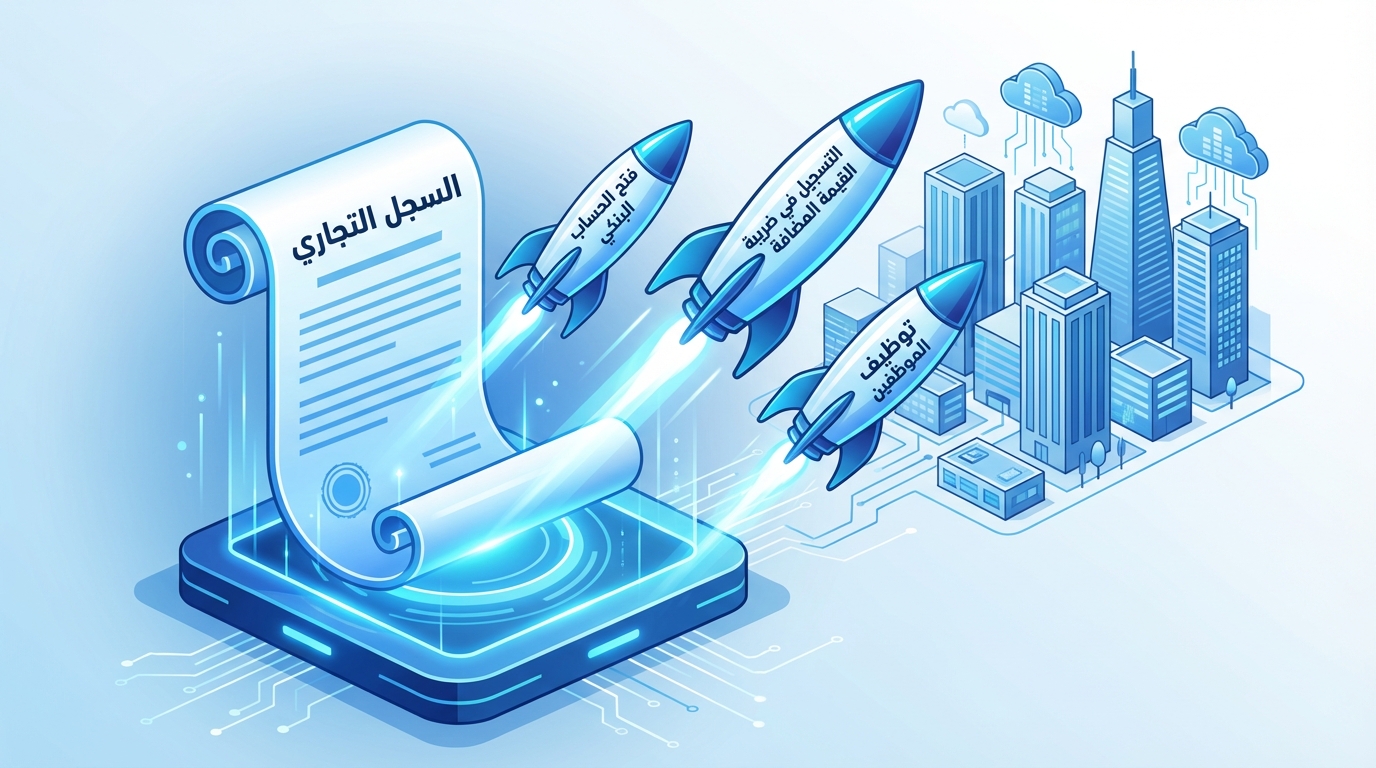 رسم توضيحي لسجل تجاري رقمي على جهاز ذكي مع ثلاثة صواريخ تقلع نحوه تحمل نصوصا: فتح الحساب البنكي، التسجيل في ضريبة القيمة المضافة، وتوظيف الموظفين، تشير إلى خطوات تأسيس شركة ذات مسؤولية محدودة في السعودية.