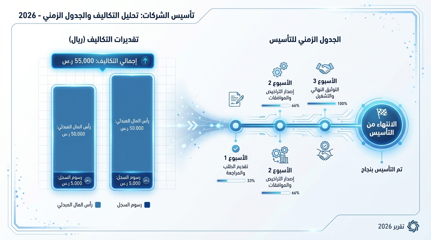 مخطط زمني وتحليل تكاليف تأسيس شركة في السعودية لعام 2026، يعرض جدولاً زمنياً مكوناً من 3 أسابيع: الأسبوع 1 لتقديم الطلب والمراجعة بنسبة 33%، الأسبوع 2 لإصدار التراخيص والموافقات بنسبة 66%، وأسبوع 3 للتوثيق النهائي والتشغيل بنسبة 100%. بجانب ذلك، توجد مقارنة بين تقديرات التكاليف برأس مال ابتدائي 50,000 ريال ورسوم السجل 5,000 ريال، ورأس مال ابتدائي 60,000 ريال ورسوم السجل 5,000 ريال، مع إجمالي تكلفة 55,000 ريال. الشريط الزمني يوضح انتهاء التأسيس بنجاح في الأسبوع الثالث. عنوان التقرير 2026 يظهر في أسفل الصورة.