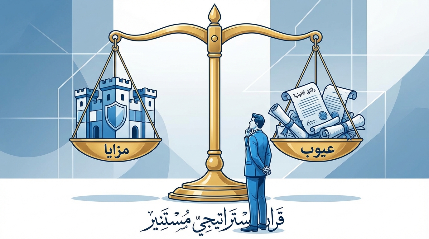 رسم توضيحي لرجل يقف أمام ميزان ذهبي كبير يوازن بين قلعة زرقاء تمثل مميزات الشركة (مزایا) ووثائق قانونية متعددة تمثل عيوب الشركة (عیوب) مع نص بالأسفل 'قرار استراتيجي مستنير'.