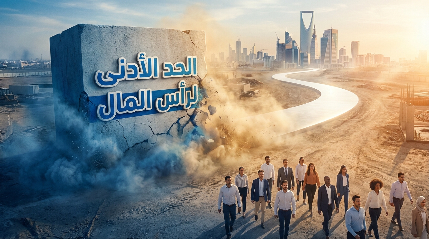 مجموعة من الأشخاص يمشون ناحية أفق مدينة سعودية حديثة يظهر بها برج المملكة، وخلفهم لوحة حجرية ضخمة مكتوب عليها باللغة العربية: 'الحد الأدنى لرأس المال' مع تشققات وغبار يشير إلى هدم أو إزالة الحد الأدنى لرأس المال، على أرض جرداء تحت إضاءة شمس غاربة.