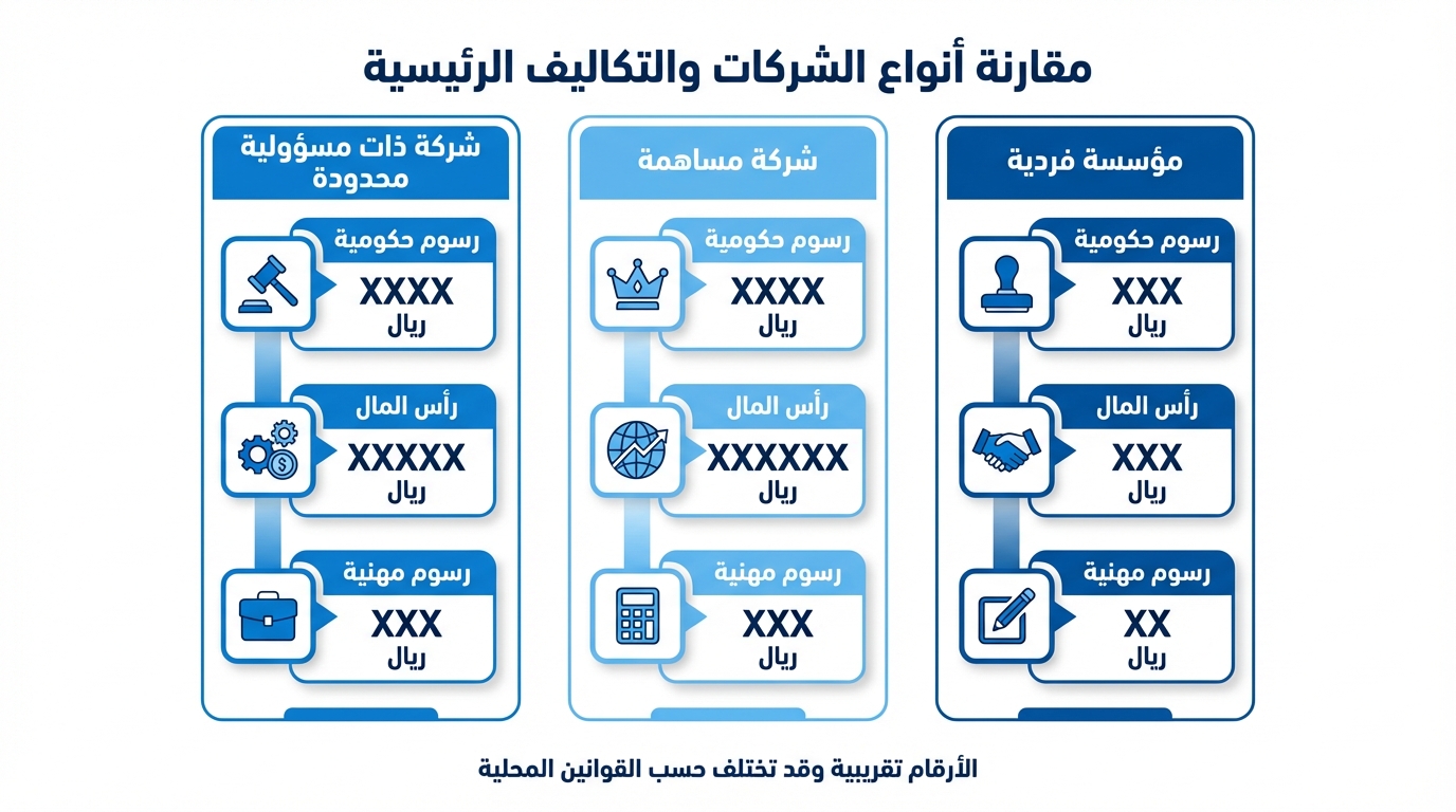 مقارنة بين أنواع الشركات والتكاليف الرئيسية لتأسيسها في السعودية، تعرض ثلاثة أعمدة تمثل مؤسسسة فردية، شركة مساهمة، وشركة ذات مسؤولية محدودة. كل عمود يحتوي على رسوم حكومية، رأس المال، ورسوم مهنية مبوبة بالريال السعودي مع رموز توضيحية مرتبطة بكل نوع من الشركات. النص يشير إلى أن الأرقام تقريبية وقد تختلف حسب القوانين المحلية.