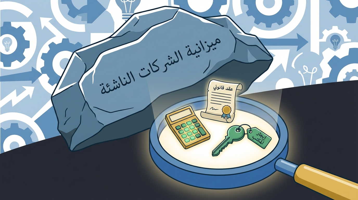 رسم توضيحي يظهر صخرة كبيرة مكتوب عليها 'ميزانية الشركات الناشئة'، ومجهر يسلط ضوءه على ثلاثة عناصر تحت الصخرة وهي: ورقة مكتوب عليها 'عقد قانوني'، آلة حاسبة، ومفتاح مع بطاقة مكتوب عليها 'إيجار المكتب'.