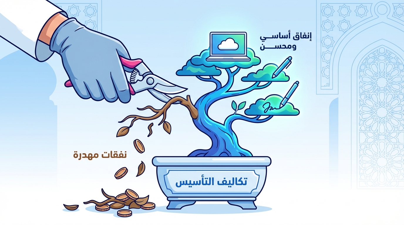 يد ترتدي قفازاً طبيًا تقص فرعاً يابسًا لشجرة مزروعة في وعاء مكتوب عليه 'تكاليف التأسيس'. تُسقط الفروع والأوراق الجافة والعملات المعدنية التي تحمل علامة الريال من الشجرة. تشير الفروع الخضراء والصحائف السحابية إلى 'إنفاق أساسي ومحسن'، بينما الفروع اليابسة تسقط 'نفقات مهدرة'.