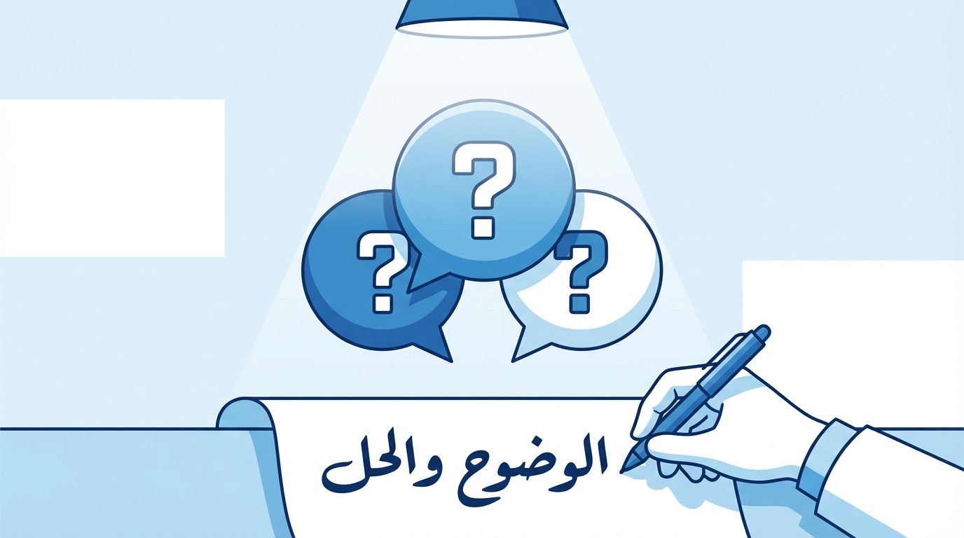 رسم توضيحي ليد تمسك قلمًا تكتب عبارة 'الموضوع والحل' تحت إضاءة مباشرة، مع ثلاثة فقاعات حوار زرقاء تحتوي على علامات استفهام.