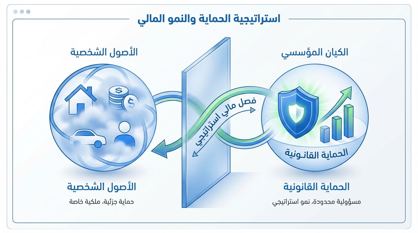رسم توضيحي لاستراتيجية الحماية والنمو المالي يظهر فيه كرتان زرقاوان متصلتان بجدار زجاجي في الوسط. الكرَة اليسرى تمثل الأصول الشخصية، تشمل منزل، نقود، سيارة وشخص، مع تعليق: حماية جزئية، ملكية خاصة. الكرَة اليمنى تمثل الكيان المؤسسي مع درع للأمن وأعمدة بيانية ترتفع للأعلى، مع تعليق: الحماية القانونية، مسؤولية محدودة، نمو استراتيجي. سهم مزدوج بين الكرتين عبر جدار زجاجي مكتوب عليه فصل مالي استراتيجي.