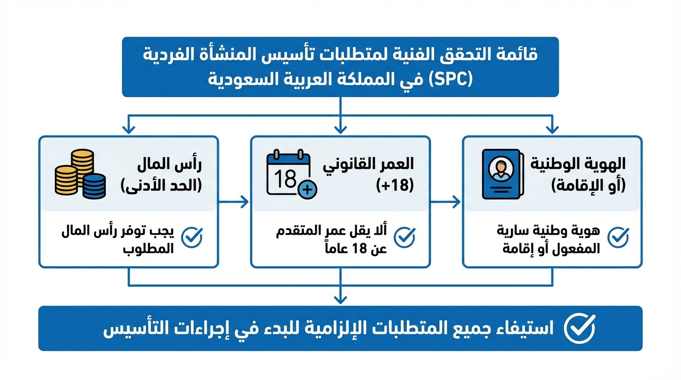 قائمة تحقق لمتطلبات تأسيس المنشأة الفردية SPC في السعودية، تظهر ثلاث متطلبات رئيسية: الهوية الوطنية أو الإقامة بضرورة أن تكون هوية وطنية سارية المفعول أو إقامة، العمر القانوني يجب أن لا يقل عن 18 عاماً، ورأس المال يجب توفر رأس المال المطلوب. في أسفل الصورة توجد إشارة إلى استيفاء جميع المتطلبات الإلزامية للبدء في إجراءات التأسيس.