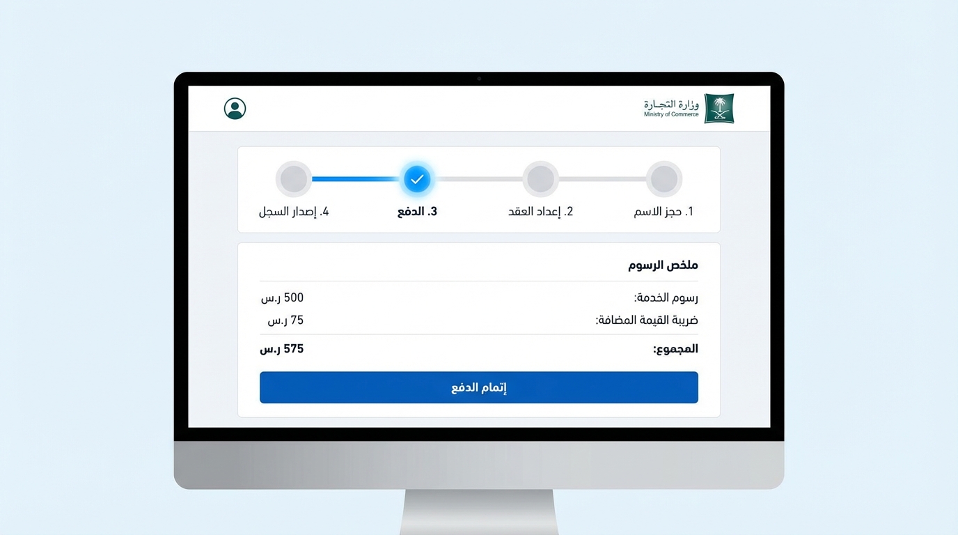 شاشة كمبيوتر تعرض واجهة موقع وزارة التجارة السعودية تظهر جدول ملخص الرسوم لرسوم الخدمة 500 ريال وضريبة القيمة المضافة 75 ريال والمجموع 575 ريال مع تقدم خطوة الدفع في عملية حجز الاسم، إعداد العقد، الدفع، وإصدار السجل