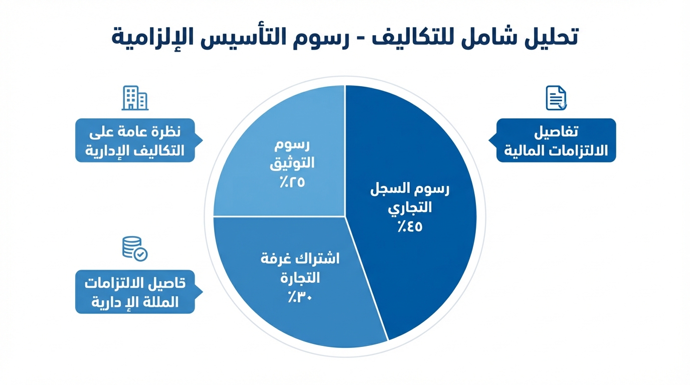 مخطط دائري يظهر توزيع رسوم التأسيس الإلزامية لشركة شخص واحد في السعودية لعام 2025، مقسم إلى ثلاثة أجزاء: رسوم السجل التجاري بنسبة 45%، اشتراك غرفة التجارة بنسبة 30%، ورسوم التوثيق بنسبة 25%. توجد تعليقات جانبية توضح: نظرة عامة على التكاليف الإدارية، تفاصيل الالتزامات المالية، وتفاصيل الالتزامات المالية الإدارية.