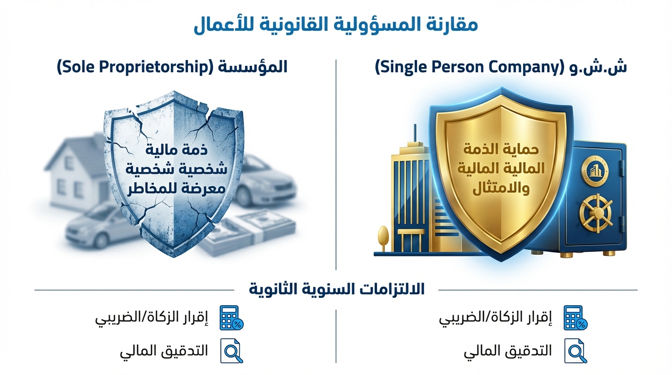 مقارنة قانونية بين المؤسسة الفردية وشركة الشخص الواحد بالصور والرموز، حيث تظهر المؤسسة كدرع متصدع مع نص يوضح أن الذمة المالية شخصية ومعرضة للمخاطر، بينما تظهر شركة الشخص الواحد كدرع ذهبي أمام مباني وخزنة مالية مع نص يشير إلى حماية الذمة المالية والامتثال. أسفل الصورة توجد الالتزامات السنوية من إقرار الزكاة والضريبي والتدقيق المالي لكل نوع.