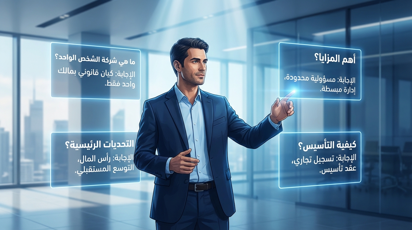 رجل يرتدي بدلة رسمية يقف في مكتب حديث مع نوافذ كبيرة وهو يتفاعل مع واجهات افتراضية تظهر أسئلة وإجابات باللغة العربية تتعلق بشروط تأسيس شركة شخص واحد في السعودية لعام 2025.