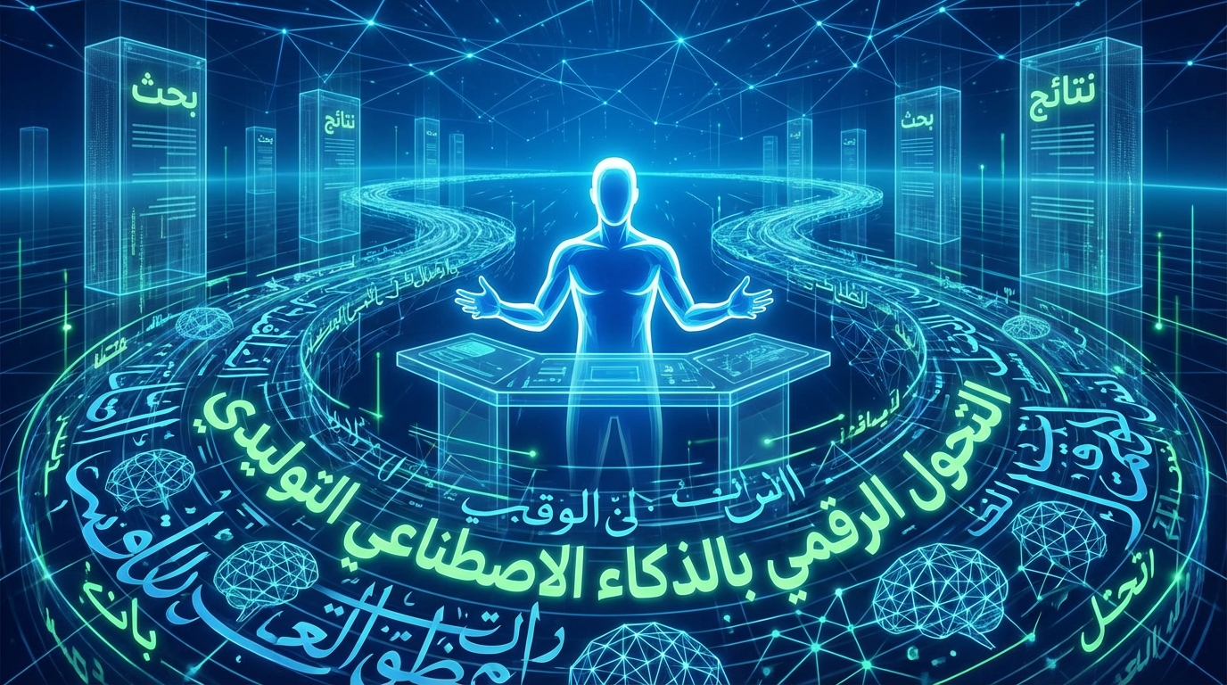 صورة رقمية توضيحية لشخص يتفاعل مع واجهة تقنية مستقبلية ثلاثية الأبعاد تحتوي على كلمات عربية مثل "التحول الرقمي بالذكاء الاصطناعي التوليدي" و"بحث" و"نتائج"، تعبر عن موضوع الذكاء الاصطناعي والتحول الرقمي في سياق تحسين محركات البحث.