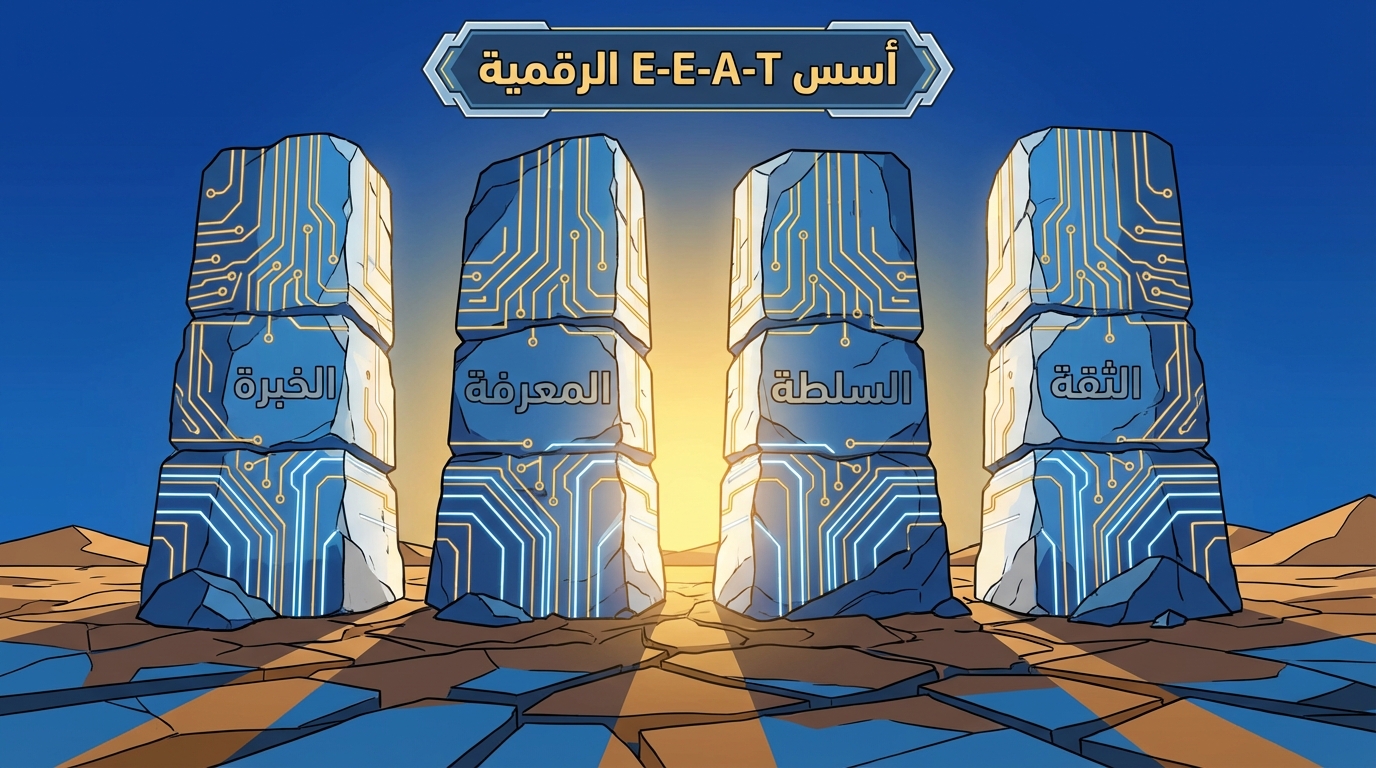رسم توضيحي يظهر أربعة أعمدة حجرية ضخمة مغطاة برسوم دوائر كهربائية، وكل عمود مقسم إلى قسمين. في الأعلى توجد عبارة "أسس E-E-A-T الرقمية"، وعلى الأعمدة مكتوب من اليسار إلى اليمين: "الخبرة"، "المعرفة"، "السلطة"، "الثقة"، والخلفية هي صحراء وشمس مشرقة في الأفق.