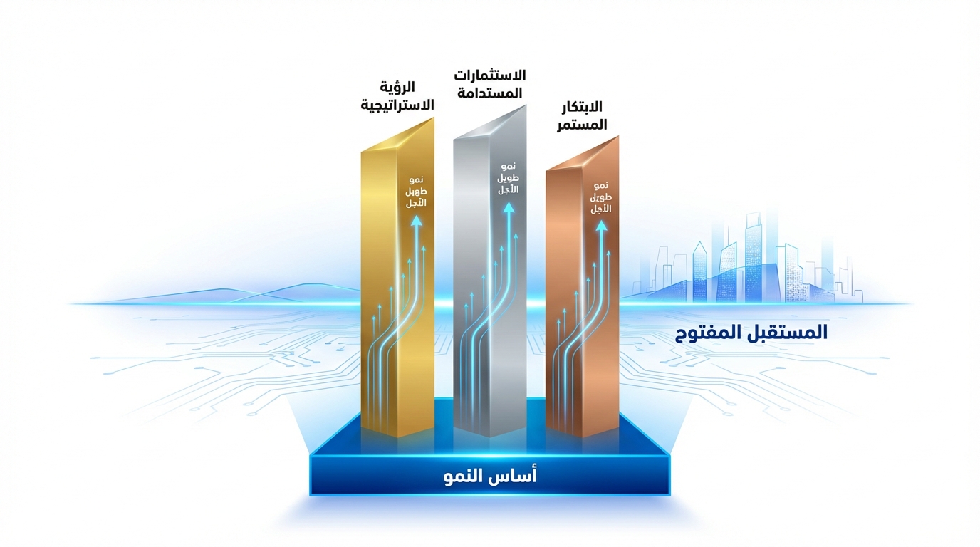رسم بياني ثلاثي الأبعاد يحتوي على ثلاثة أعمدة ملونة تمثل ثلاثة مجالات للنمو الطويل الأجل وهي: الرؤية الاستراتيجية، الاستثمارات المستدامة، والابتكار المستمر، مع وجود نص أسفل الأعمدة يشير إلى أنها أساس النمو، وخلف الأعمدة عبارة عن مدينة ومستقبل مفتوح مكتوب على يمين الصورة.