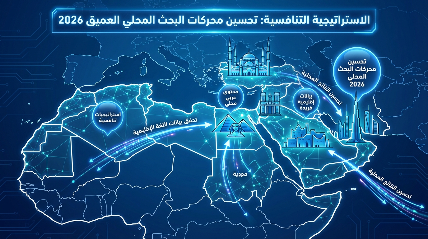 خريطة توضح استراتيجية تحسين محركات البحث المحلية العميقة لعام 2026 في منطقة الشرق الأوسط وشمال أفريقيا، مع علامات ومداخل نصية تشير إلى تحسين محركات البحث المحلي، بيانات إقليمية فريدة، محتوى عربي محلي، وموجة لتدفق بيانات اللغة الإقليمية مع رموز معمارية تمثل دول المنطقة مثل مصر وتركيا والإمارات وغيرها.