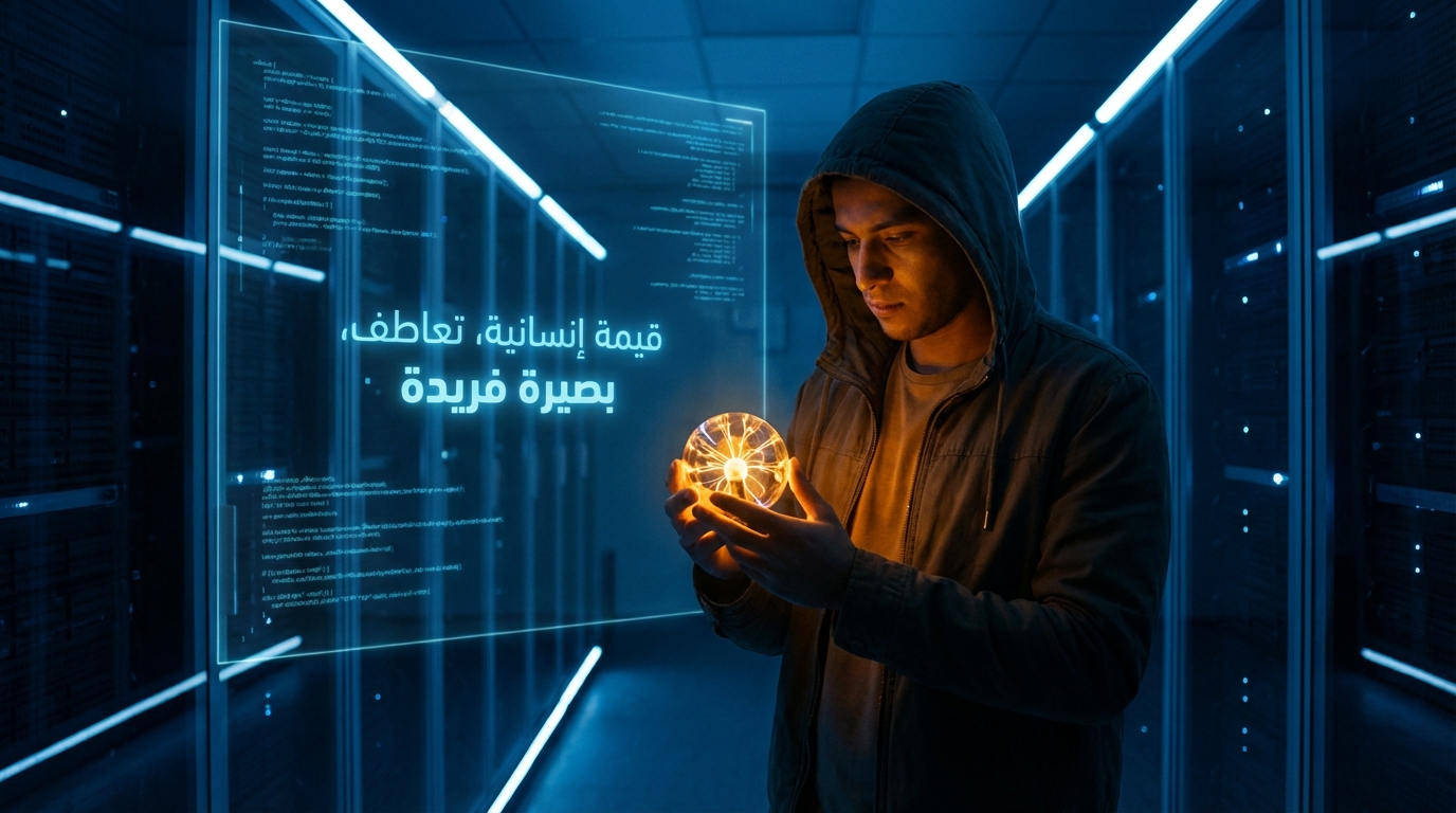 شاب يرتدي سترة بنية وقبعة، يقف في ممر مزود بخوادم حاسوبية مضاءة بأضواء زرقاء، يحاول فهم كرة مضيئة تمسك بها بيديه، ويوجد نص باللغة العربية مكتوب بالأزرق بجانب الشاب يقول: قيمة إنسانية، تعاطف، بصيرة فريدة.