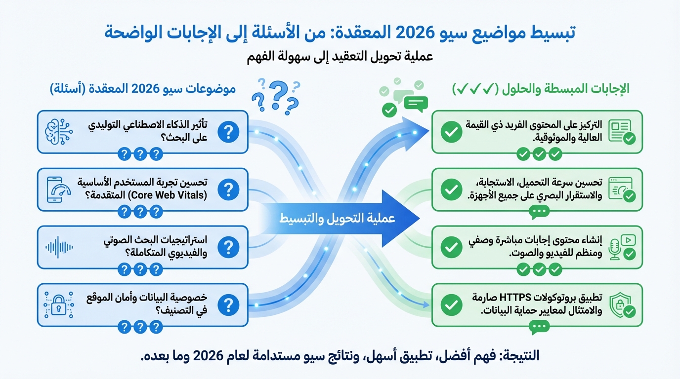 مخطط يوضح تبسيط مواضيع سيو 2026 المعقدة من الأسئلة إلى الإجابات الواضحة. على اليسار قائمة بالأسئلة مثل تأثير الذكاء الاصطناعي التوليدي على البحث، وتحسين تجربة المستخدم الأساسية، واستراتيجيات البحث الصوتي والفيديو المتكاملة، وخصوصية البيانات وأمان الموقع في التصنيف. في الوسط سهم يشير إلى اليمين مع نص 'عملية التحويل والتبسيط'. على اليمين قائمة بالإجابات المبسطة والحلول تشمل التركيز على المحتوى الفريد ذي القيمة العالية، تحسين سرعة التحميل والاستجابة، إنشاء محتوى إجابات مباشر ووصفي ومنظم للفيديو والصوت، وتطبيق بروتوكولات HTTPS صارمة لمعايير حماية البيانات. الخاتمة تشير إلى فهم أفضل وتطبيق أسهل ونتائج مستدامة لعام 2026 وما بعده.