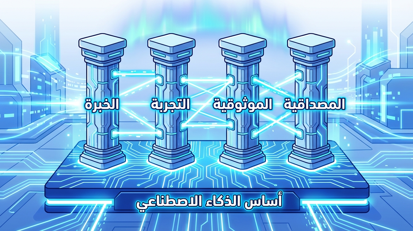 رسم توضيحي لأربعة أعمدة ممرمزة بكلمات: الخبرة، التجربة، الموثوقية، المصداقية، مترابطة بخطوط ضوئية زرقاء على منصة رقمية مع عنوان في الأسفل مكتوب فيه أساس الذكاء الاصطناعي.