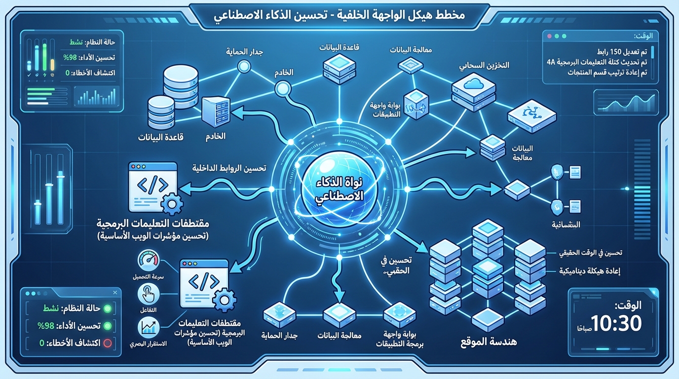 مخطط هيكل الواجهة الخلفية لتحسين الذكاء الاصطناعي يظهر مكونات متعددة مترابطة مثل قاعدة البيانات، الخادم، جدار الحماية، معالجة البيانات، بوابة واجهة التطبيقات، التخزين السحابي، تحسين الروابط الداخلية، مقتطفات التعليمات البرمجية، هندسة الموقع، والمزامنة. يحتوي على مؤشرات حالة النظام مثل حالة النظام نشط، تحسين الأداء 98%، واكتشاف الأخطاء 0. الوقت المعروض 10:30 صباحاً مع تفاصيل تحديثات تقنية متعددة لتحسين الذكاء الاصطناعي.