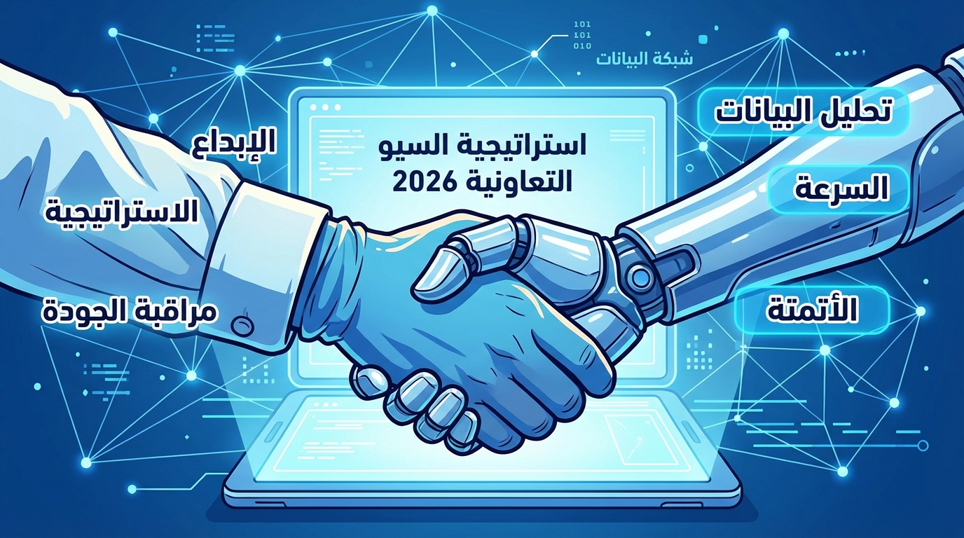 صورة توضيحية ليد إنسانية تلتقي مع يد روبوتية في مصافحة، مع خلفية تحمل نص 'استراتيجية السيو التعاونية 2026' وعناصر مكتوبة بالعربية مثل 'تحليل البيانات' و'السرعة' و'الأتمتة' و'الإبداع' و'الاستراتيجية' و'مراقبة الجودة'، تعكس التعاون بين البشر والذكاء الاصطناعي في تحسين محركات البحث.