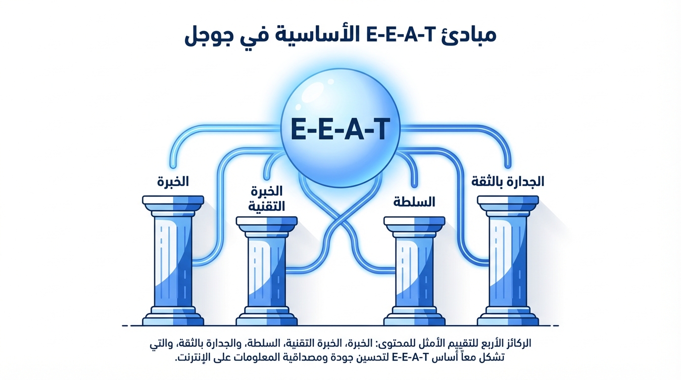 رسم توضيحي يظهر مبادئ E-E-A-T الأساسية في جوجل مع أربعة أعمدة تمثل الخبرة، الخبرة التقنية، السلطة، والجدارة بالثقة، مع شرح مكتوب أسفل الأعمدة عن دور هذه الركائز في تحسين جودة ومصداقية المعلومات على الإنترنت.