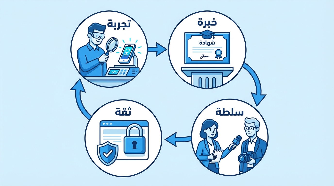 رسم توضيحي يمثل دورة مكونة من أربعة عناصر مكتوبة باللغة العربية: تجربة مع شخص يستخدم عدسة مكبرة لفحص جهاز، خبرة مع شهادة مطبوعة على منصة، سلطة مع صحفيين يحملون ميكروفون وكاميرا، وثقة مع رمز قفل وشاشة متصفح. الأسهم تربط بين هذه العناصر بشكل دائري لإظهار تفاعلها.