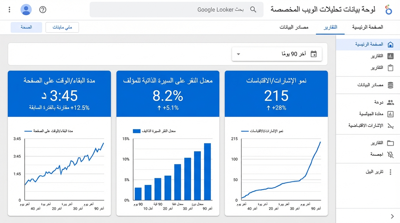 لوحة بيانات تحليلات الويب المتخصصة باللغة العربية تعرض ثلاثة مؤشرات أداء رئيسية في آخر 90 يومًا: مدة البقاء والوقت على الصفحة 3 دقائق و45 ثانية بزيادة 12.5%، معدل النقر على السيرة الذاتية للمؤلف 8.2% بزيادة 5.1%، نمو الإشارات والاقتباسات 215 بزيادة 28%. تشمل اللوحة مخططات بيانية توضح التغيرات خلال فترة 90 يومًا لكل مؤشر.