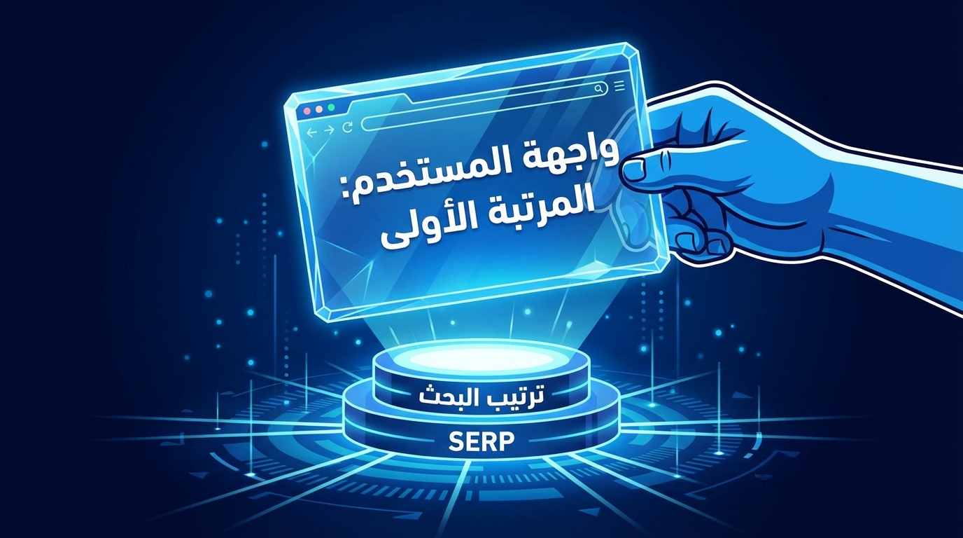 رسمة يد تحمل واجهة مستخدم شفافة تحتوي على النص 'واجهة المستخدم: المرتبة الأولى' فوق منصة مضيئة مكتوب عليها 'ترتيب البحث' و 'SERP'، في خلفية داكنة ومزينة بتأثيرات تقنية وزرقاء.