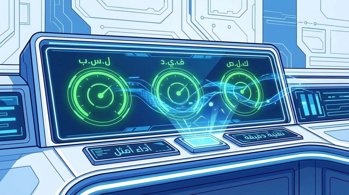 صورة توضيحية لشاشة كمبيوتر بها ثلاثة مؤشرات دائرية خضراء تمثل مقاييس Core Web Vitals وهي LCP، FID، CLS مكتوبة بالعربية، مع أزرار تحكم أسفل الشاشة مكتوب عليها 'أداء أمثل' و 'تقنية دقيقة'، في تصميم مستقبلي يرمز إلى تحليل وتحسين تجربة المستخدم.