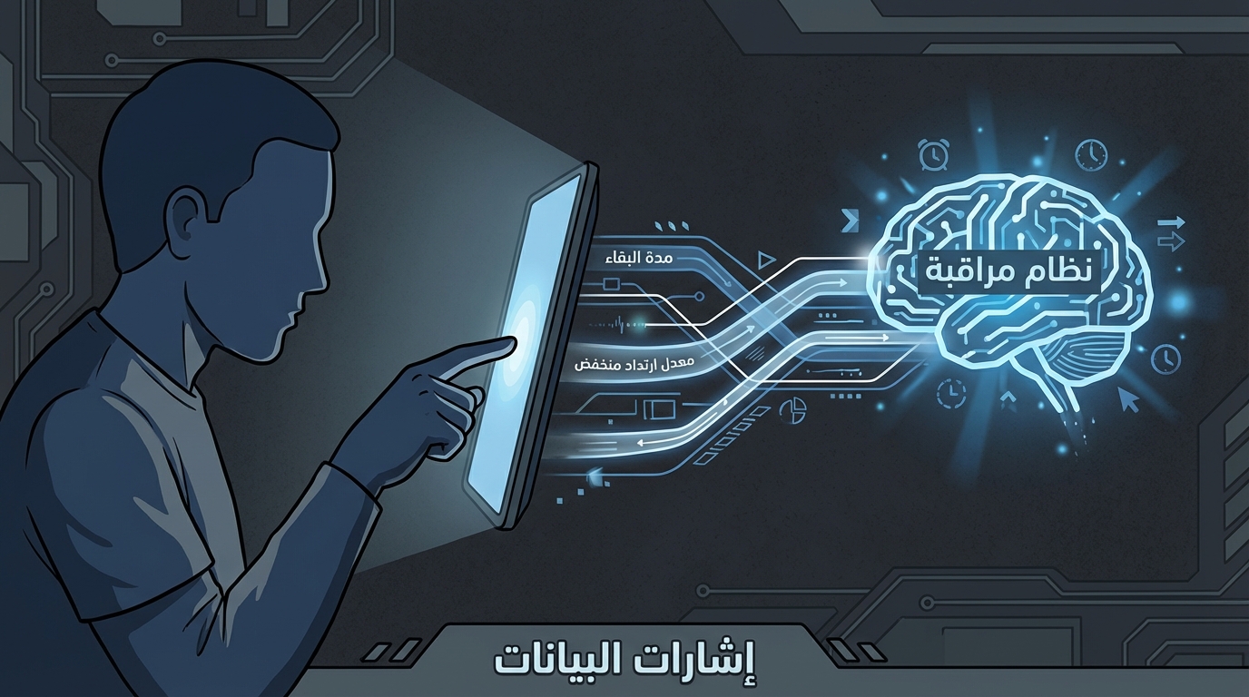 رسم توضيحي لرجل يستخدم جهاز لوحي، حيث يظهر من الجهاز خطوط مضيئة تتجه نحو رسم دماغ بشري عليه نص نظام مراقبة، مع وجود كلمات مدة البقاء ومعدل ارتداد منخفض، والعنوان إشارة البيانات.