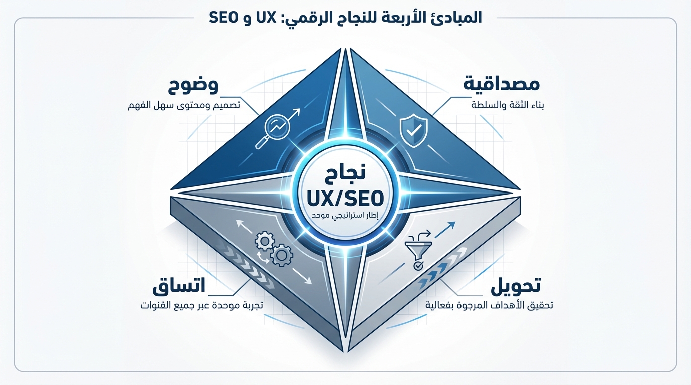 رسم بياني يوضح المبادئ الأربعة للنجاح الرقمي في UX و SEO على شكل بوصلة رباعية الاتجاهات تشمل مصداقية (بناء الثقة والسلطة)، وضوح (تصميم ومحتوى سهل الفهم)، تحويل (تحقيق الأهداف المرجوة بفعالية)، واتساق (تجربة موحدة عبر جميع القنوات)، مع عنوان في المنتصف 'نجاح UX/SEO إطار استراتيجي موحد'.