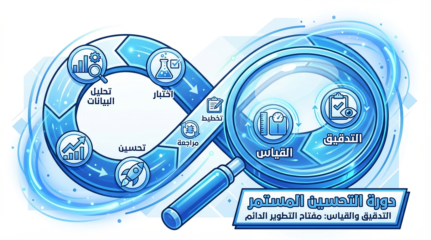 رسم توضيحي لدورة التحسين المستمر بشكل شكل اللانهاية يتضمن مراحل متعددة وهي: التخطيط، الاختبار، مراجعة، تحسين، تحليل البيانات، بالاقتران مع تدقيق وقياس محصورين داخل عدسة مكبرة. النص في أسفل الرسم يوضح: دورة التحسين المستمر - التدقيق والقياس: مفتاح التطوير الدائم.
