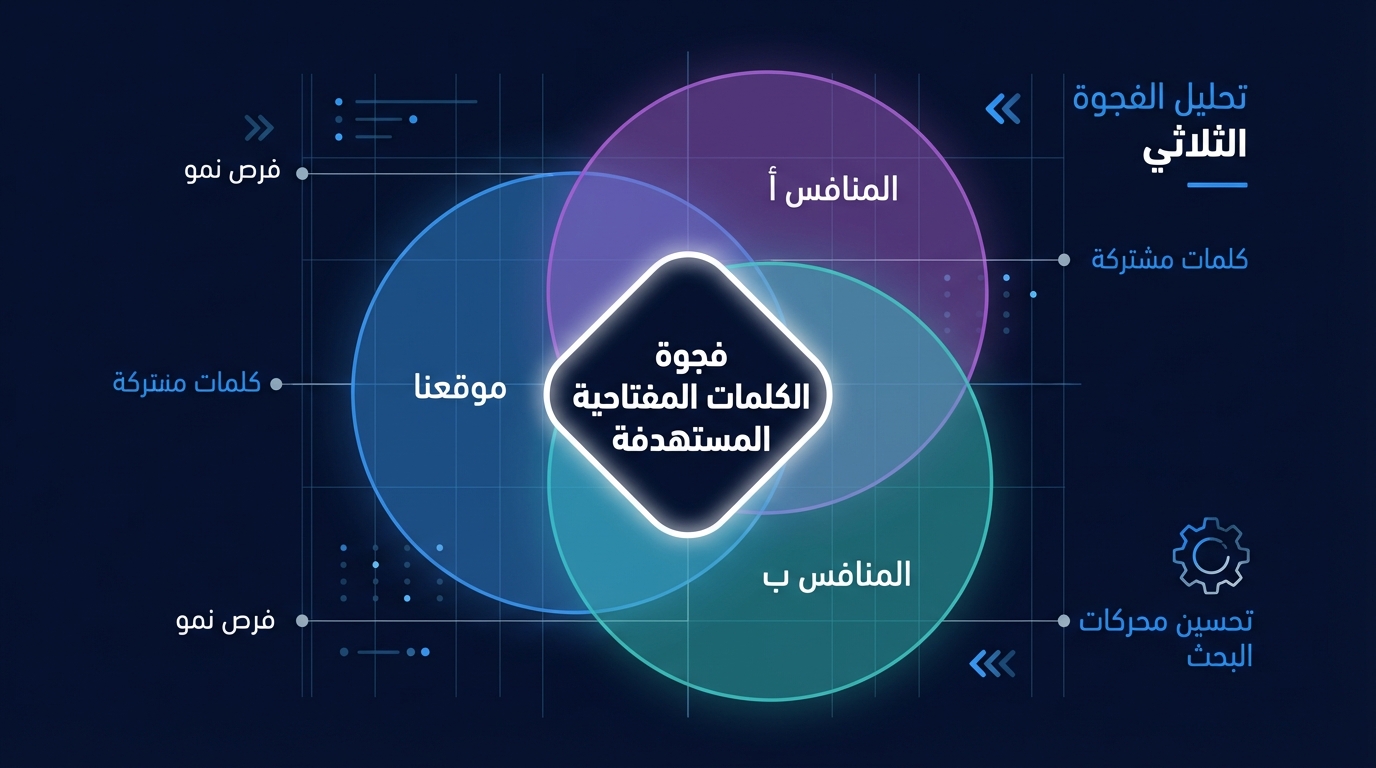رسم تخطيطي لتحليل فجوة الكلمات المفتاحية بين موقعنا ومنافسيْن أ وب، يظهر تداخل دوائر يمثل الكلمات المشتركة وفرص النمو والكلمات المفتاحية المستهدفة التي لا يشملها موقعنا لكن المنافسين يستخدمونها.