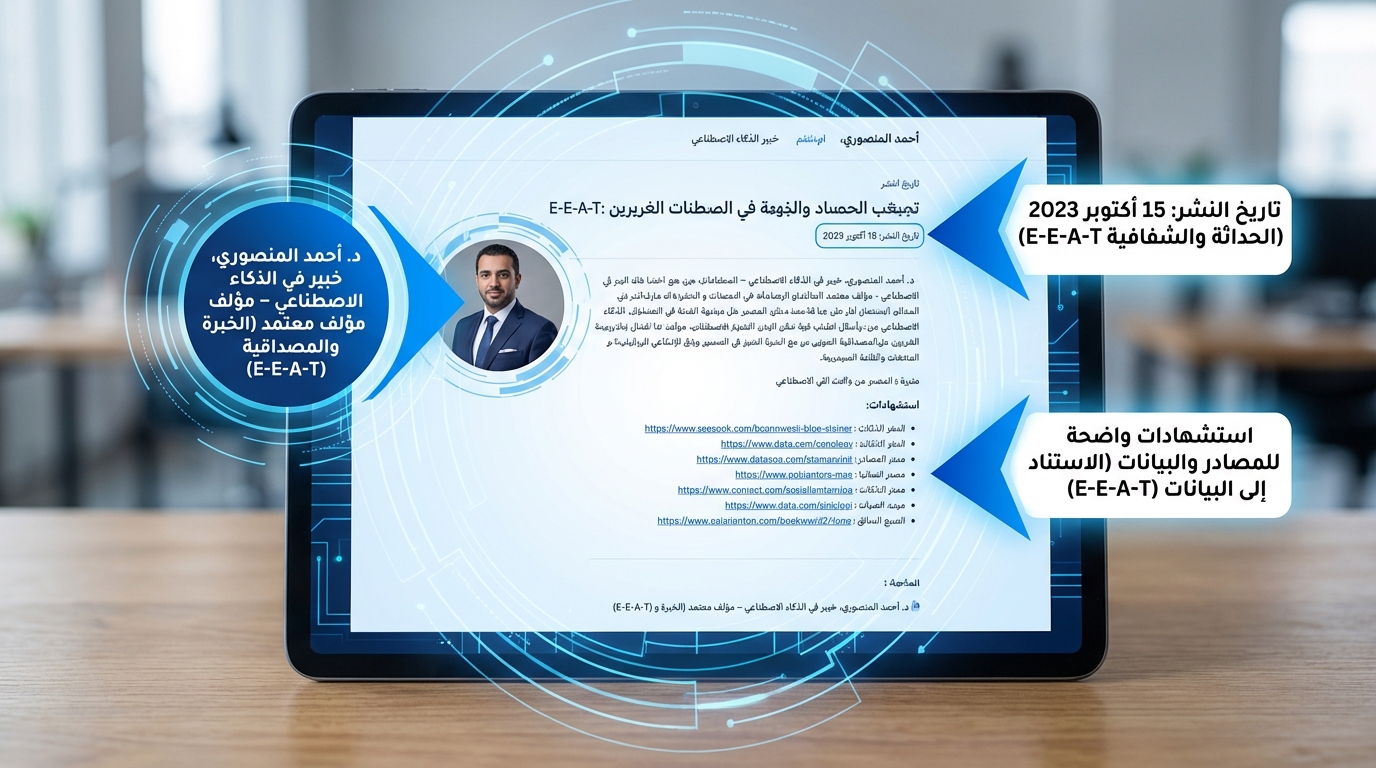 لوحة رقمية تعرض صورة ودراسة تحليلية بعنوان "تبعثيب الحمّصاد والجُذوة في الصنطات الغريبين E-E-A-T" منشورة بتاريخ 15 أكتوبر 2023، مع توضيحات حول أهمية وضوح الاستشهادات والمصادر بناء على إطار E-E-A-T. الصورة تتضمن صورة رجل محترف مع وصف يذكر اسمه أحمد المنصوري، خبير الذكاء الاصطناعي ومؤلف معتمد لهذا الإطار، بالإضافة إلى قائمة بمصادر البيانات المستخدمة في الدراسة.