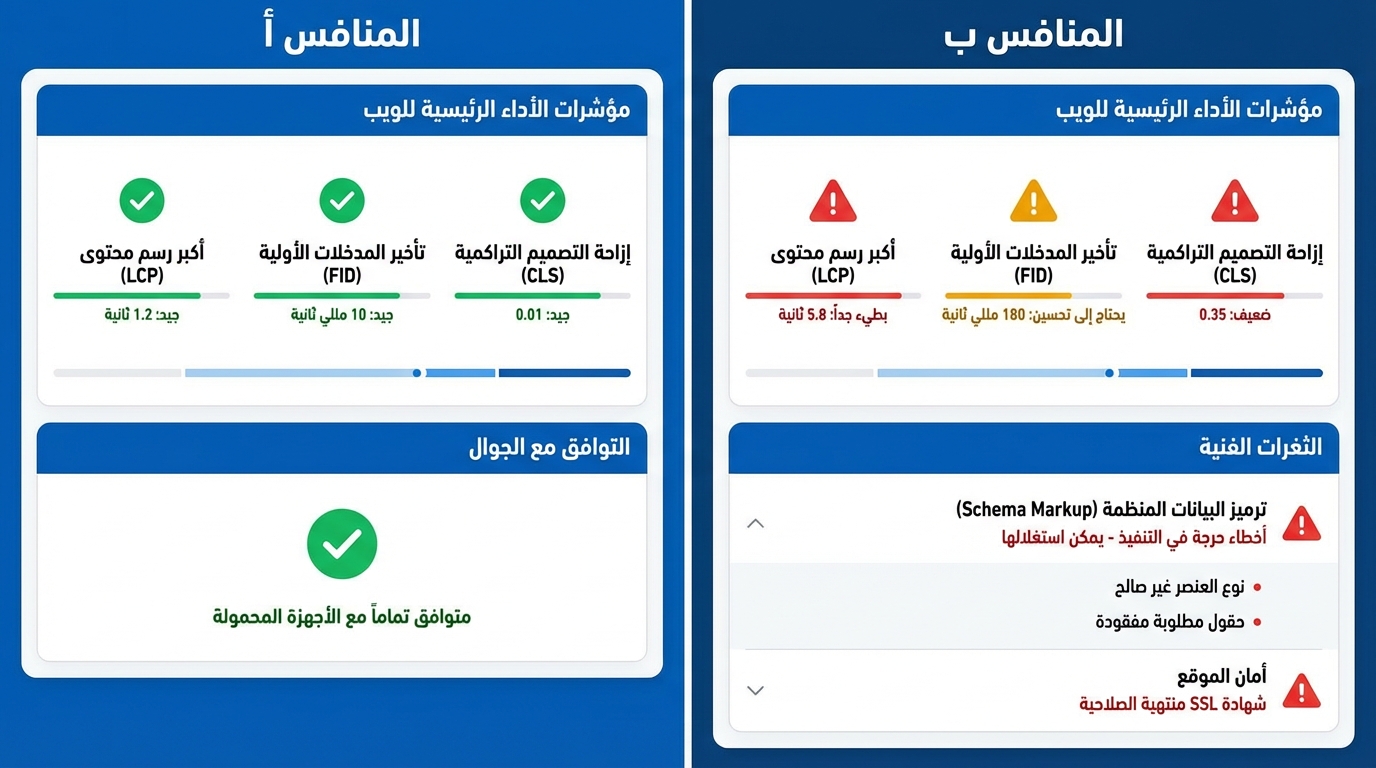 مقارنة بين منافسين أ ومنافس ب في تحليل أداء المواقع من حيث مؤشرات الأداء الرئيسية للويب والتوافق مع الجوال والثغرات التقنية. المنافس أ يحقق نتائج جيدة في إزالة التصميم التراكمي، وتأخير المدخلات الأولية، وأكبر رسم محتوى، ومتوافق تماماً مع الأجهزة المحمولة. المنافس ب يعاني من ضعف في إزالة التصميم التراكمي وبطء في أكبر رسم محتوى والحاجة لتحسين في تأخر المدخلات الأولية كما يحتوي على ثغرات في ترميز البيانات المنظمة وأمان الموقع بشهادة SSL منتهية الصلاحية.