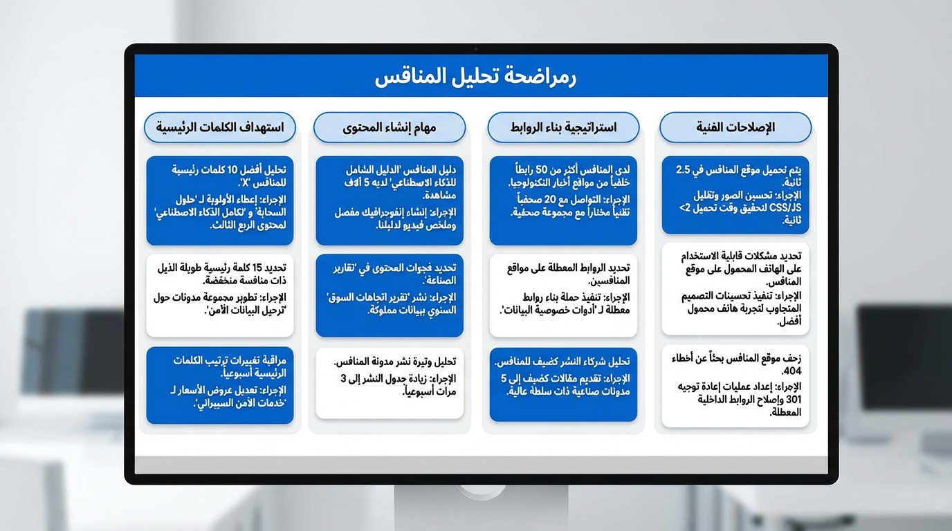 شاشة حاسوب تعرض رسمًا توضيحيًا بعنوان 'رمراصة تحليل المنافس' يحتوي على أربعة أعمدة: استهداف الكلمات الرئيسية، مهام إنشاء المحتوى، استراتيجية بناء الروابط، والإصلاحات الفنية. كل عمود يحتوي على مربعات نصية تفصيلية تشرح خطوات وإجراءات محددة مثل تحليل كلمات المنافس، إنشاء الإنفوجرافيك، تحديد الروابط المعطلة، وتحسين سرعة الموقع.