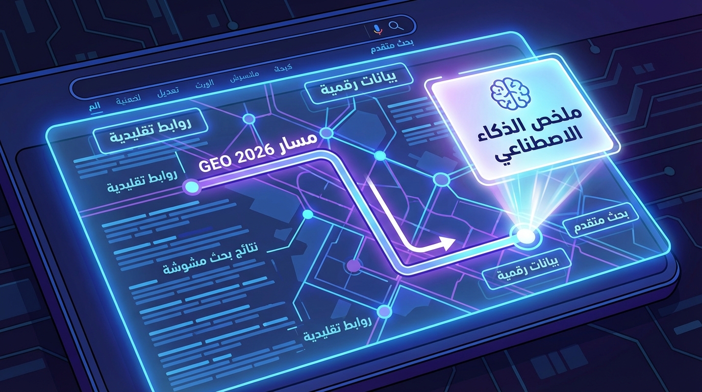 كيف يؤثر بحث الجيل التوليدي 2026 على استراتيجية السيو: رؤية مستقبلية مع الذكاء الاصطناعي واجهة بحث متقدمة على شاشة جهاز، تعرض مسار بحث بعنوان 'مسار GEO 2026' مع مؤشرات تشير إلى بيانات رقمية وروابط تقليدية ونتائج بحث مشوشة، مع تسليط ضوء على مربع يحتوي على ملخص الذكاء الاصطناعي مكتوباً بالعربية.