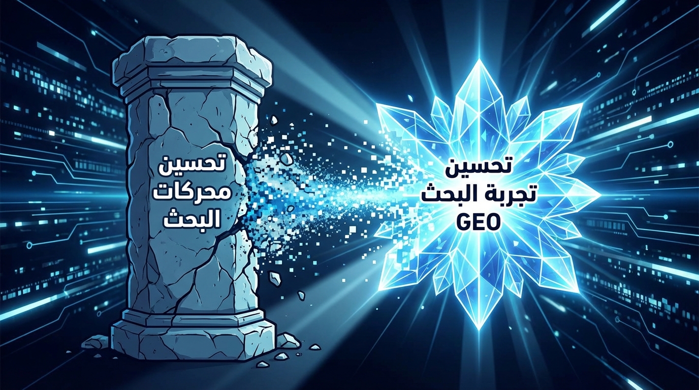تحول استراتيجيات السيو مع ظهور بحث الجيل التوليدي وتأثيره على تحسين تجربة البحث (GEO) صورة توضيحية تظهر عموداً حجرياً متصدعاً عليه نص 'تحسين محركات البحث' ومنه تتشكل نقاط تتجه نحو وشكل بلورة مضيئة عليها نص 'تحسين تجربة البحث GEO'.