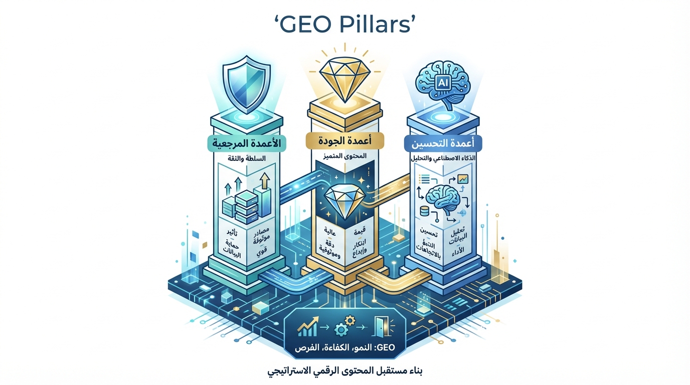 ثلاث ركائز استراتيجية للتميز في عصر البحث التوليدي (GEO Pillars) لبناء محتوى رقمي موثوق ومتقدم رسم توضيحي ثلاثي الأبعاد لثلاثة أعمدة استراتيجية تحت عنوان 'GEO Pillars' مكتوب بالعربية والإنجليزية. العمود الأيسر بعنوان 'الأعمدة المرجعية' مكتوب عليه 'السلطة والثقة' ويحتوي على رسومات بيانية تشير لتأثير، حماية، وموثوقية البيانات. العمود الأوسط بعنوان 'أعمدة الجودة' مع صورة ماسية وهو يحتوي على كلمات 'قيمة، ابتكار، وأسلوب' و'عالية دقة وموثوقية' و'المحتوى المتميز'. العمود الأيمن بعنوان 'أعمدة التحسين' مع رمز دماغ وزرعة ذكاء اصطناعي عليه، ويحتوي على كلمات 'تحليل البيانات، الأداء، تحسين النتائج، التفاعلات'. الأعمدة الثلاثة متصلة بأسفل بلوحة دوائر إلكترونية عليها النص 'GEO: النمو، الكفاءة، الفرص'. أسفل الرسم توضيح نصي 'بناء مستقبل المحتوى الرقمي الاستراتيجي'.