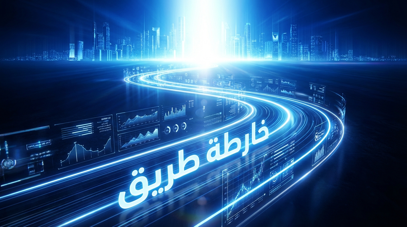 خارطة طريق لتأثير بحث الجيل التوليدي على استراتيجية السيو صورة رقمية تظهر طريقاً مضيئاً متعرجاً ينبثق منه العديد من الرسوم البيانية والأشكال البيانية الرقمية، مع خلفية مدينة مستقبلية مضاءة باللون الأزرق. تظهر على الطريق عبارة "خارطة طريق" مكتوبة باللغة العربية.