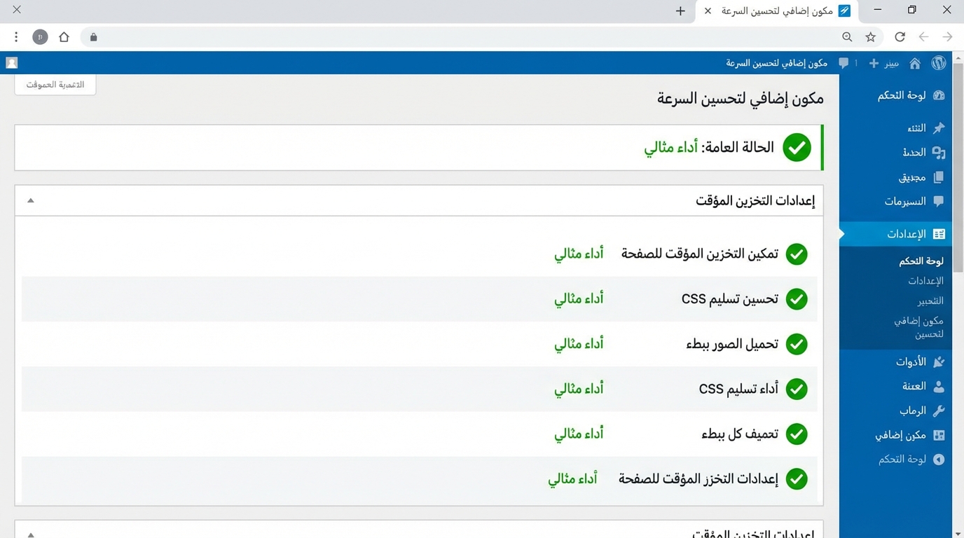 مكون إضافي لتحسين سرعة الموقع مع أداء مثالي وإعدادات تخزين مؤقت فعالة صورة شاشة من لوحة تحكم أحد مواقع الويب تُظهر مكونًا إضافيًا لتحسين السرعة مع حالة الأداء المثالي وإعدادات التخزين المؤقت المختلفة بما في ذلك تمكين التخزين المؤقت للموقع وتحسين تسليم CSS وتحميل الصور ببطء وأداء تسليم CSS وتحسين كل بطء وإعدادات التخزين المؤقت للصفحة.