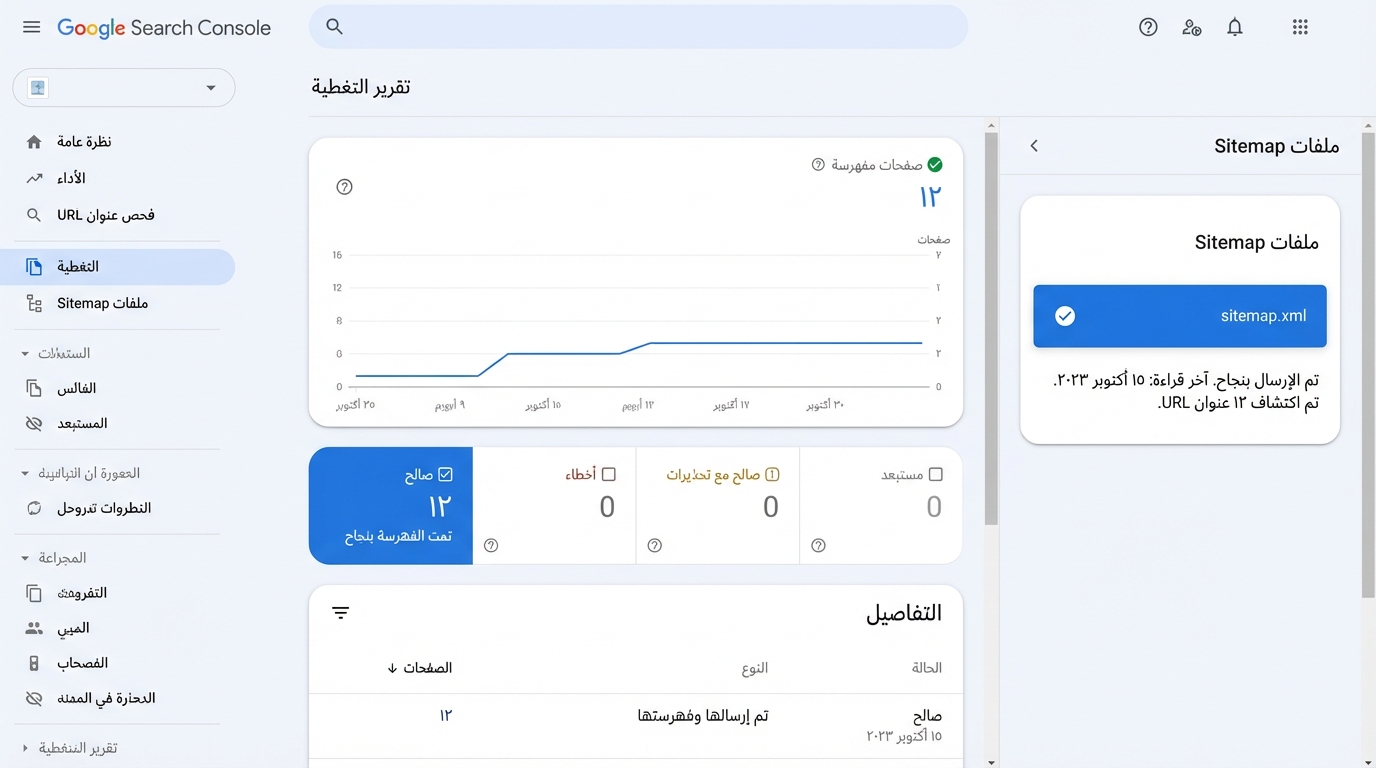 كيفية تدقيق فهرسة موقعك بنجاح باستخدام Google Search Console - دليل تحسين السيو للمواقع الجديدة لقطة شاشة من واجهة Google Search Console تظهر تقرير تغطية فهرسة الموقع بالعربية. الرسم البياني يوضح فهرسة 12 صفحة بزيادة تدريجية من 25 أكتوبر إلى 30 أكتوبر 2023. الحالة تُبين أن 12 صفحة فُهرست بنجاح بدون أخطاء أو تحذيرات. القسم الجانبي يُظهر قائمة تنقل تتضمن نظرة عامة، أداء، فحص عنوان URL، التغطية، ملفات Sitemap، والمزيد. جزء آخر على اليمين يعرض ملف Sitemap المرسل sitemap.xml مع تأكيد نجاح الإرسال وآخر قراءة بتاريخ 15 أكتوبر 2023، واكتشاف 12 عنوان URL.