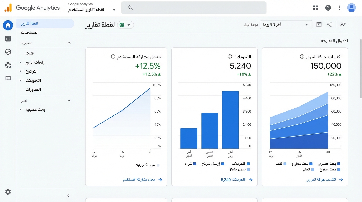 تحليل بيانات حركة المرور والتحويلات وزيادة تفاعل المستخدم في Google Analytics واجهة تقرير Google Analytics تعرض مؤشرات الأداء المهمة خلال آخر 90 يوماً تشمل معدل مشاركة المستخدم بنسبة زيادة 12.5%، عدد التحويلات 5240 بزيادة 18%، واكتساب حركة المرور 150000 بزيادة 22%. تحتوي اللوحات على رسوم بيانية عمودية وخطية توضح تطور هذه المؤشرات عبر فترات زمنية مختلفة مثل 12 و16 و90 يوماً.