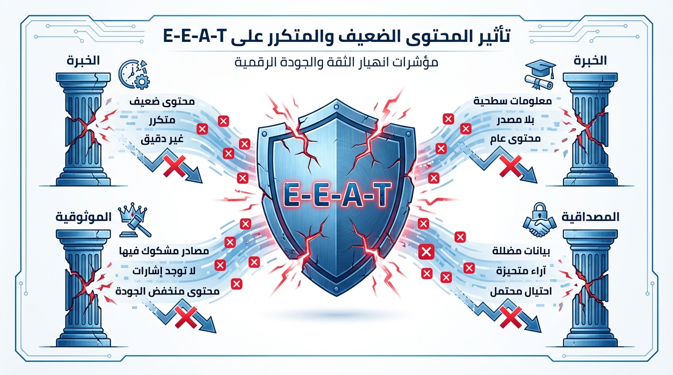 تأثير المحتوى الضعيف والمتكرر على معايير E-E-A-T في تحسين محركات البحث 2026 صورة توضيحية تحتوي على درع في المركز مكتوب عليه E-E-A-T مع أعمدة مكسورة في الأربع زوايا تمثل معايير الخبرة، الموثوقية، المصداقية، والخبرة. هناك مؤشرات تدل على انهيار الثقة والجودة الرقمية بسبب المحتوى الضعيف والمتكرر، المعلومات السطحية وغير الدقيقة، المصادر المشكوك فيها والآراء المتحيزة والاحتمالات المحتملة.