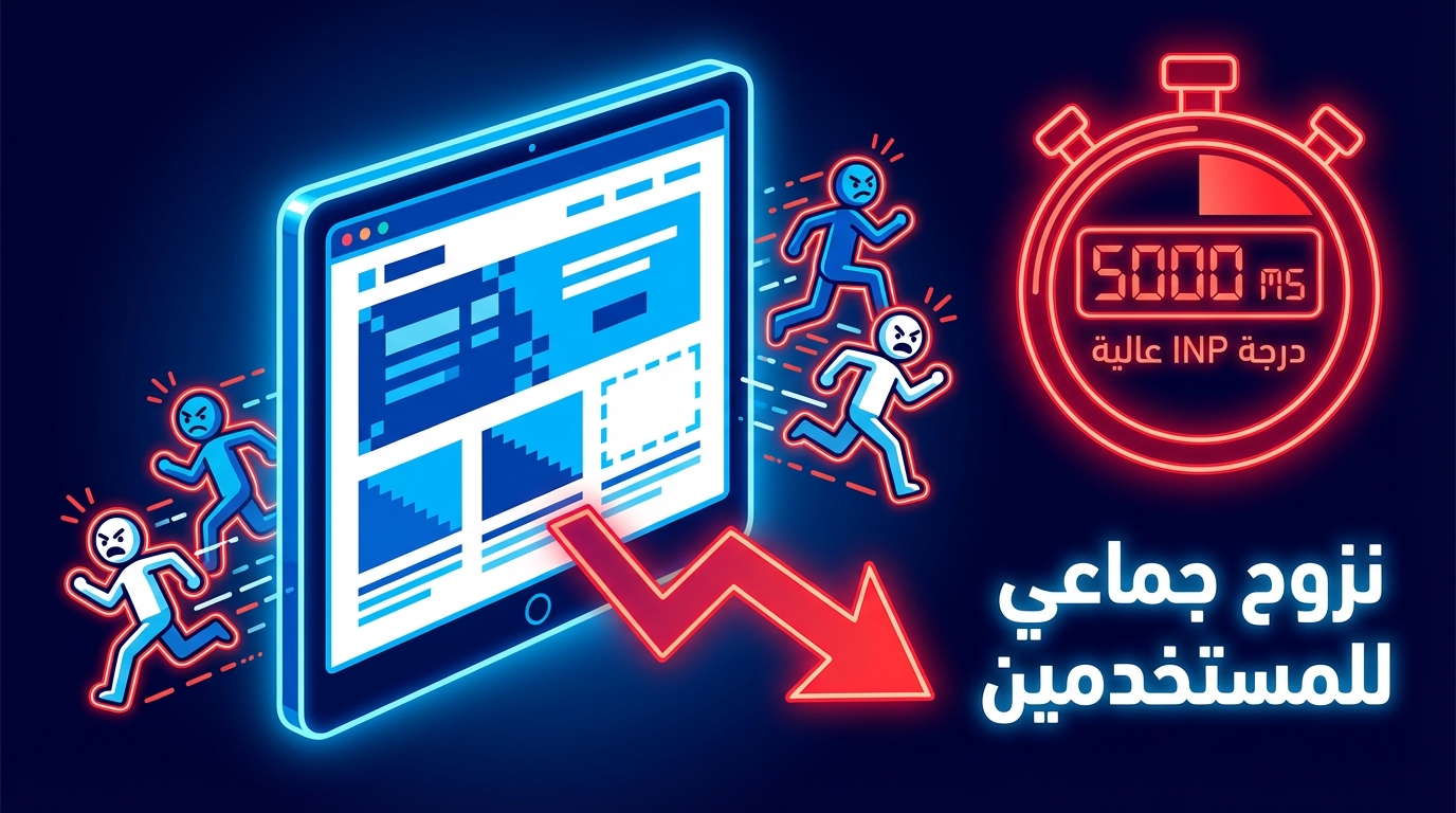 تأثير تجربة المستخدم السيئة على مواقع الويب: فهم نزوح المستخدمين ومؤشر INP العالي رسمي توضيحي لشاشة جهاز لوحي تعرض موقعاً إلكترونياً مع ظهور أربعة أشخاص بألوان زرقاء وبيضاء يركضون غاضبين بعيداً عن الشاشة، وسهم أحمر يشير إلى الأسفل، بجانب ساعة توقيت تعرض الرقم 5000 مللي ثانية مع نص باللغة العربية يقول 'درجة INP عالية' وأسفلها نص عربي مكتوب 'نزوح جماعي للمستخدمين'.