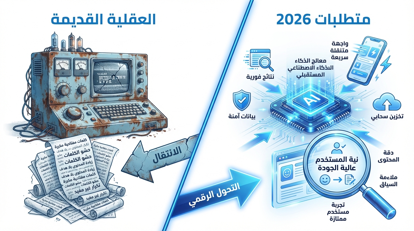 التحول الرقمي في السيو: من العقلية القديمة إلى متطلبات 2026 الحديثة لتحسين محركات البحث صورة تقسم إلى نصفين: النصف الأيسر يظهر جهاز حاسوب قديم صدئ مع أوراق تحتوي على كلمات متكررة ومكررة، مع سهم مكتوب عليه 'الانتقال'. النصف الأيمن يظهر معالج مستقبلي للذكاء الاصطناعي محاط بأيقونات تتعلق بواجهة متنقلة سريعة، تخزين سحابي، بيانات آمنة، نتائج فورية، ودقة محتوى عالية. في المنتصف سهم كبير يحمل عبارة 'التحول الرقمي'.