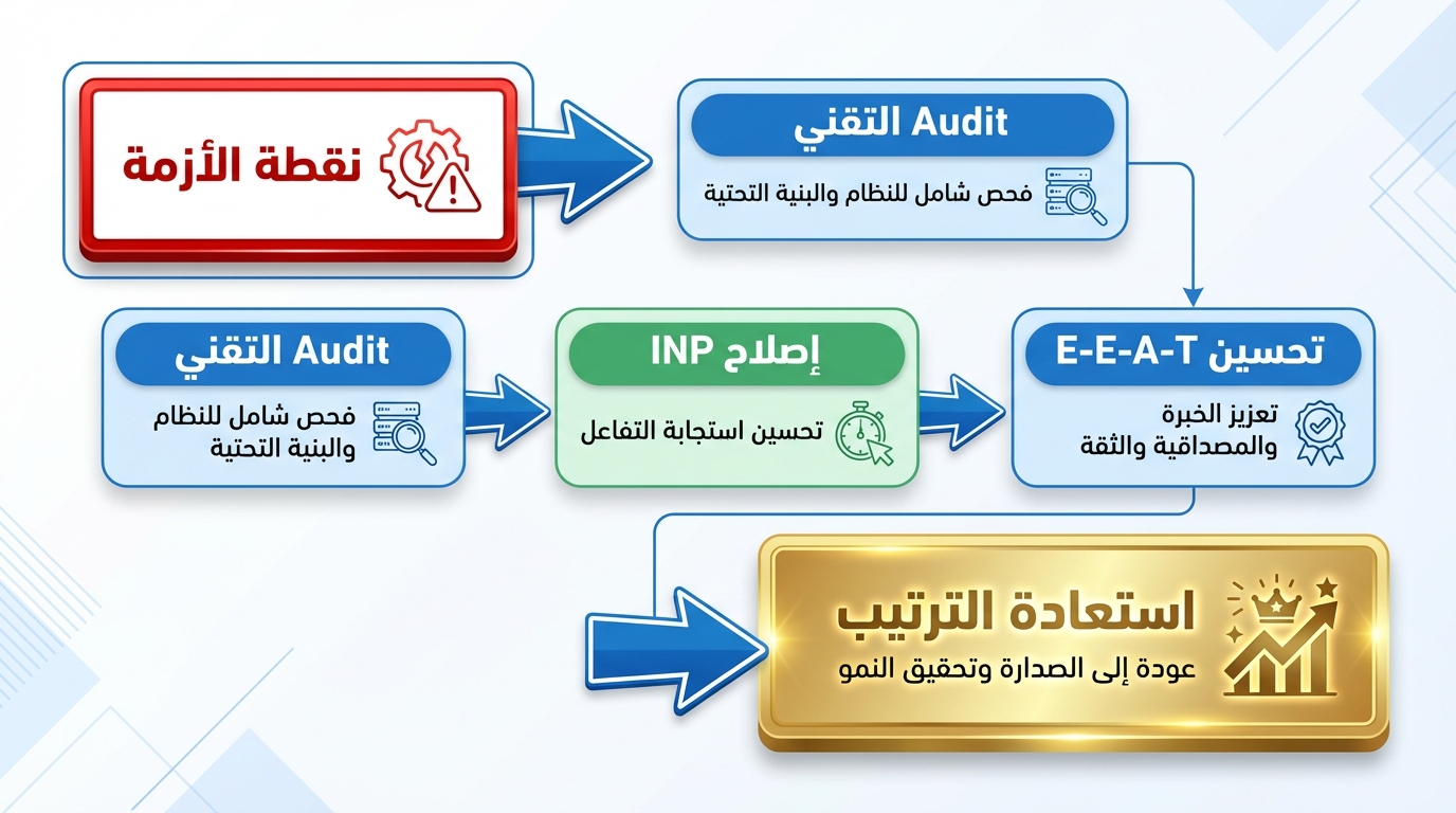 خطوات استعادة ترتيب موقعك في السيو بعد نقطة الأزمة: تدقيق تقني، إصلاح التفاعل، وتحسين الخبرة والثقة مخطط انسيابي يوضح خطوات استعادة ترتيب موقع الويب في السيو بدءًا من نقطة الأزمة، ثم عمل تدقيق تقني شامل للنظام والبنية التحتية، يليها إصلاح INP لتحسين استجابة التفاعل، ثم تحسين E-E-A-T لتعزيز الخبرة والمصداقية والثقة، وفي النهاية استعادة الترتيب مع العودة إلى الصدارة وتحقيق النمو.
