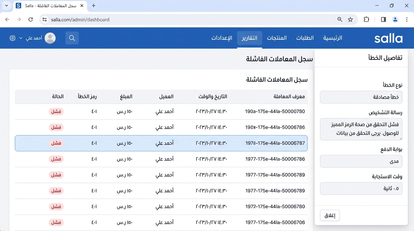 واجهة لوحة تحكم منصة سلة تعرض سجل المعاملات الفاشلة مع تفاصيل مثل معرف المعاملة، التاريخ والوقت، اسم العميل أحمد علي، المبلغ 150 ريال، رمز الخطأ 401، والحالة فشل. تظهر رسالة الخطأ تفيد بفشل التحقق من صحة الرمز المميز المميز للوصول، مع توجيه للمستخدم بالتحقق من البيانات.