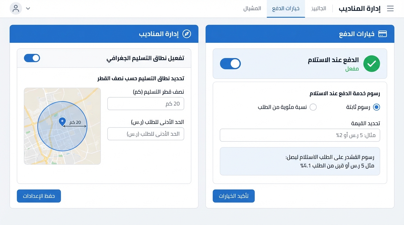 واجهة إعدادات متجر سلة باللغة العربية تعرض قسم إدارة المناديب وقسم خيارات الدفع. قسم إدارة المناديب يحتوي على خيار تفعيل نطاق التسليم الجغرافي مع خريطة دائرية نصف قطرها 20 كم، وزر لحفظ الإعدادات. قسم خيارات الدفع يظهر تفعيل خيار الدفع عند الاستلام مع رسوم خدمة الدفع عند الاستلام كنسبة ثابتة مع حقل تحديد القيمة وزر لتأكيد الخيارات.
