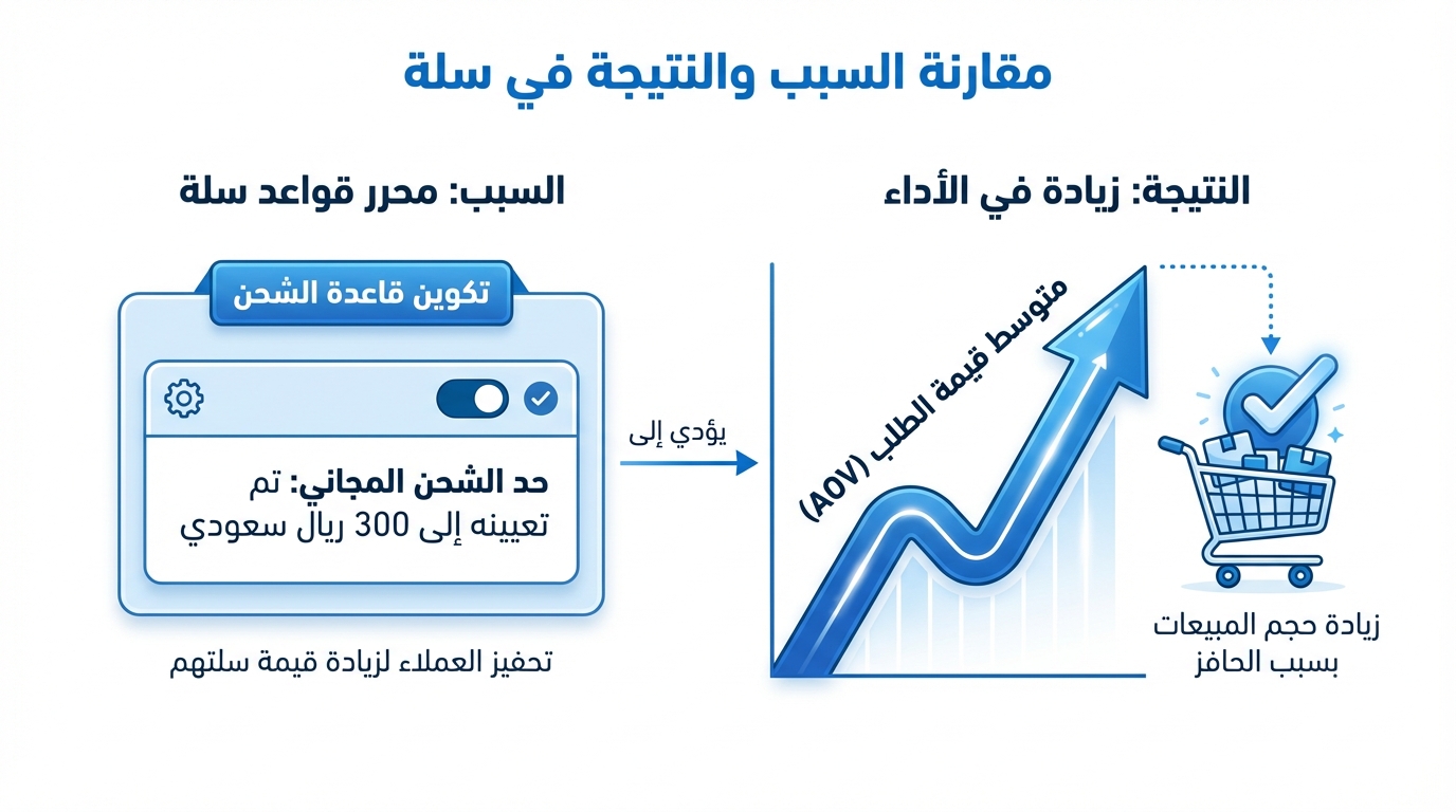 رسم بياني يقارن بين سبب نتيجة في منصة سلة. السبب هو محرر قواعد سلة لتكوين قاعدة الشحن، حيث تم تعيين حد الشحن المجاني إلى 300 ريال سعودي لتحفيز العملاء على زيادة قيمة سلتهم. النتيجة هي زيادة في الأداء مع ارتفاع متوسط قيمة الطلب (AOV) وزيادة حجم المبيعات بسبب الحافز، مع رسم سهم تصاعدي وعربة تسوق مع علامة تحقق.