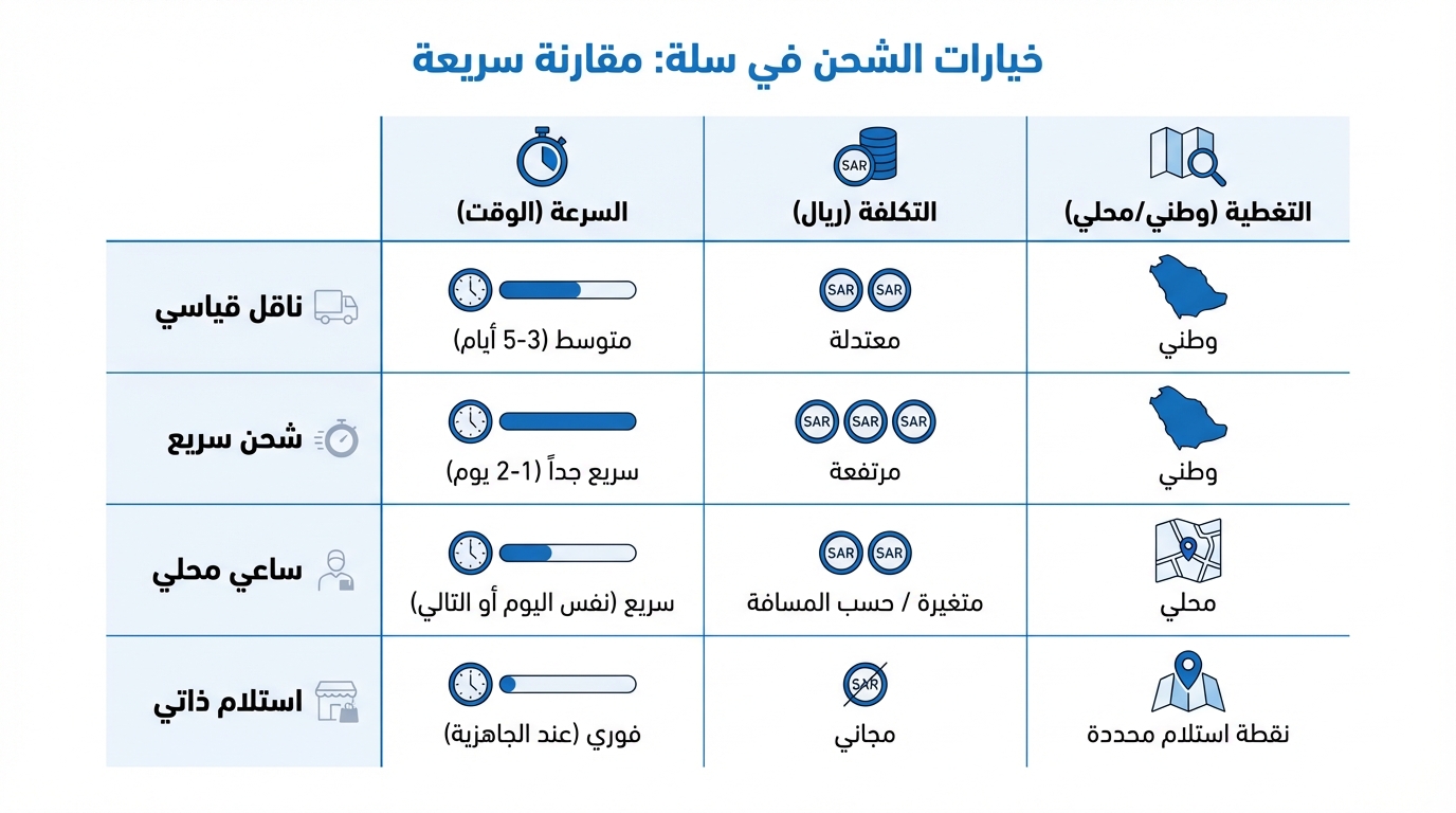 جدول مقارنة سريعة لخيار الشحن في سلة يوضح أربعة أنواع: ناقل قياسي (متوسط 3-5 أيام، تكلفة معتدلة، تغطية وطنية)، شحن سريع (سريع جداً من 1-2 يوم، تكلفة مرتفعة، تغطية وطنية)، ساعي محلي (سريع نفس اليوم أو التالي، تكلفة متغيرة حسب المسافة، تغطية محلية)، واستلام ذاتي (فوري عند الجاهزية، مجاني، نقطة استلام محددة). الجدول يحتوي على أيقونات تعبر عن كل خيار وساعات تقيس السرعة.